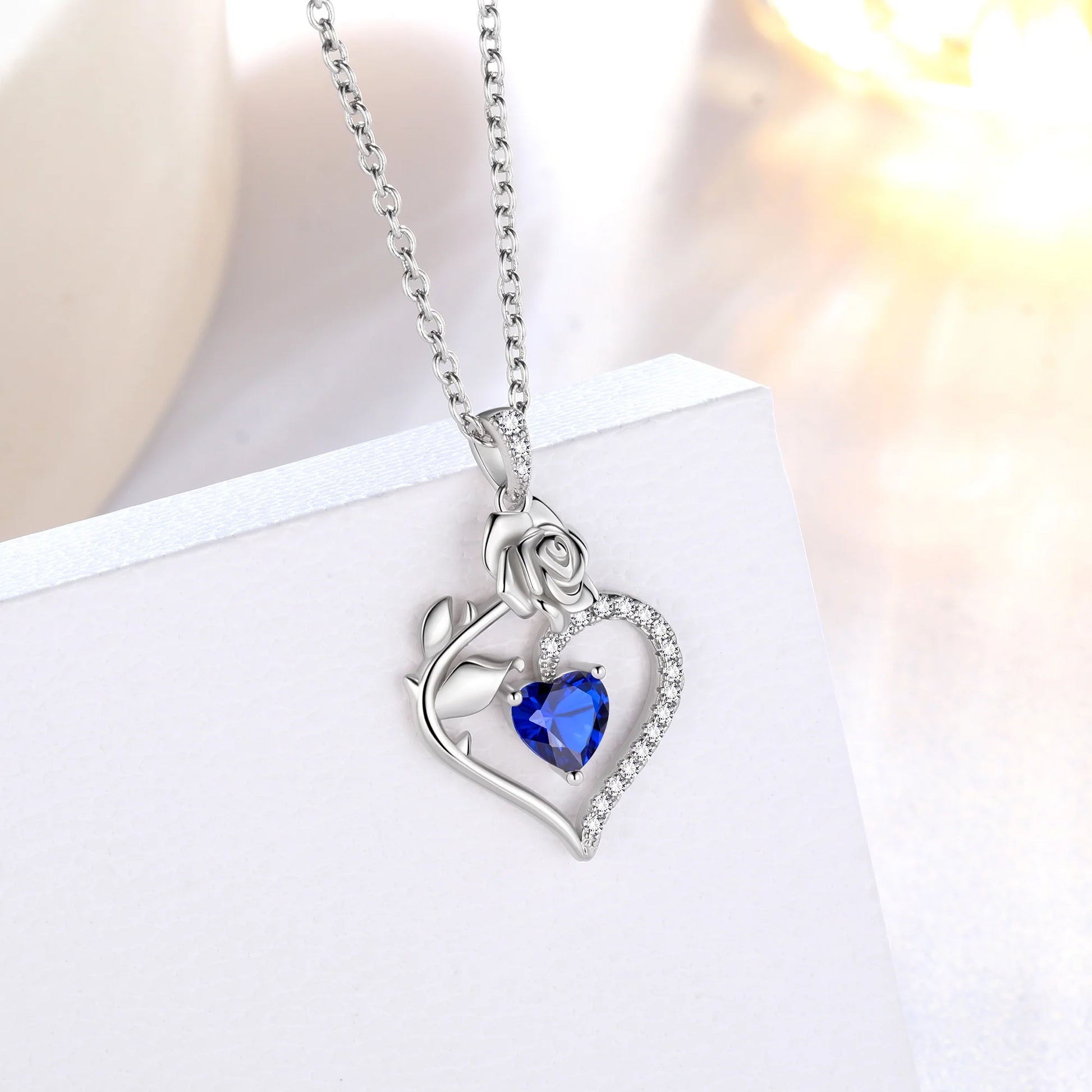 925 Sterling Silver Birthstone Necklace for Women Rose Flower Heart Pendant Necklace Fine Jewelry Anniversary Birthday Christmas Gifts for Women Girls