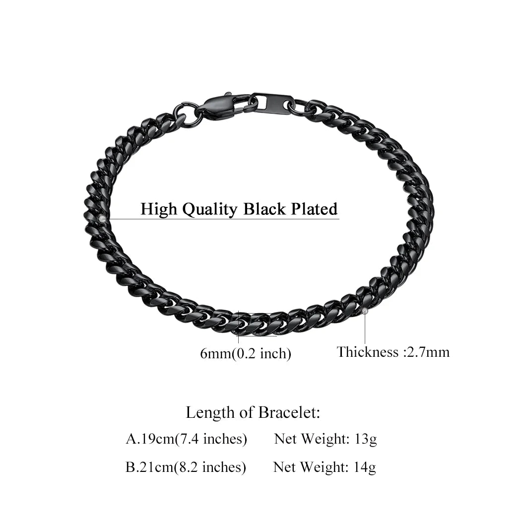 Cuban Link Black 4.8MM Wide Chain Bracelets Trendy Mens Women Jewelry Gift Adjustable, 16" Length