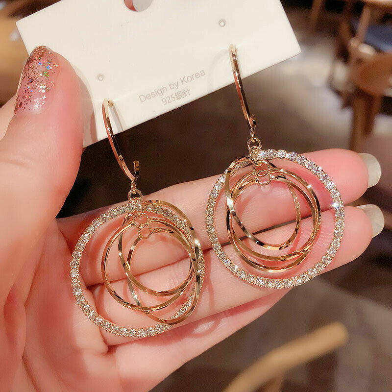 Silver Plated Gold Crystal Circles Earrings Hoop Drop Women Jewelry Lab-Created