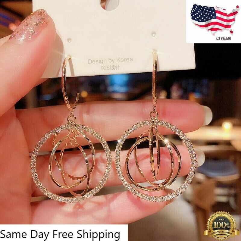 Silver Plated Gold Crystal Circles Earrings Hoop Drop Women Jewelry Lab-Created