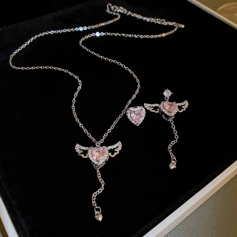 2024 New Pink Crystal Angel Wings Heart Pendant Necklace Set for Woman Minimalist Chain Chain Necklace Wedding Party Jewelry